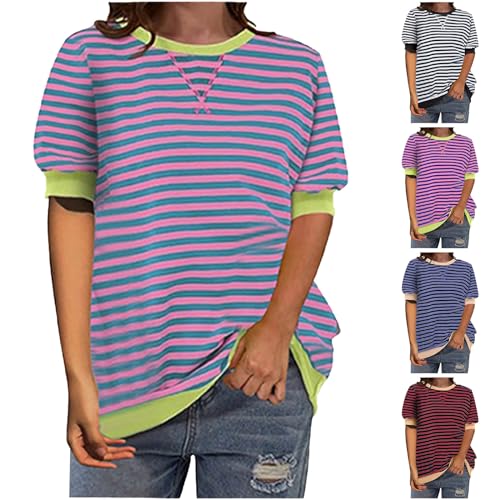 Damen Kurzarm Gestreiftes T Shirt, Sommer Rundhals Tshirt Baumwolle Basic Oberteile Tops Lässiges Locker Pullover Modern Y2K Tunika Shirt Mädchen Casual Bluse Sportshirt von Sunnyuk