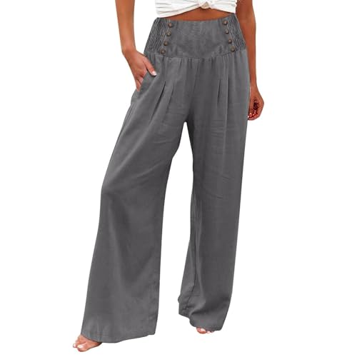 Damen Leinenhose Lang Sommer Palazzo Hose Leinen Leicht Wide Leg Stoffhose Casual Luftig Bequeme Freizeithose Elegant Einfarbig Yogahose Baumwolle High Waist Strandhose Locker mit (B01-Grey, L) von Sunnyuk