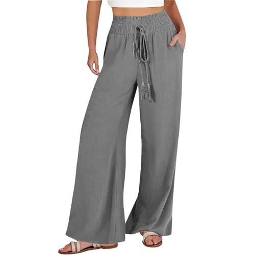 Damen Leinenhose Lang Sommer Palazzo Hose Leinen Leicht Wide Leg Stoffhose Casual Luftig Bequeme Freizeithose Elegant Einfarbig Yogahose Baumwolle High Waist Strandhose Locker mit Taschen mit Gummizug von Sunnyuk