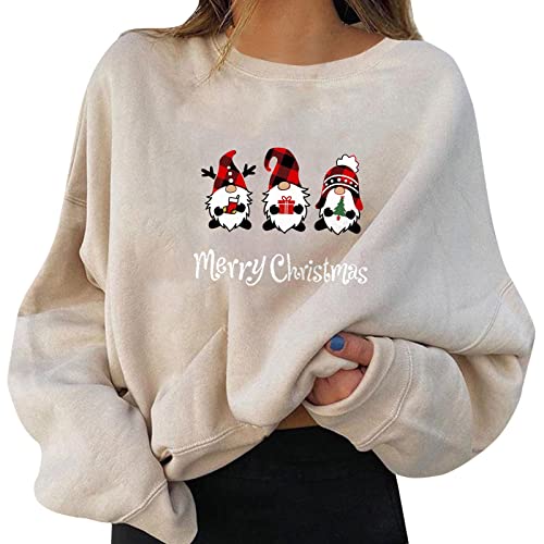 Damen Weihnachtspullover Rot Pullover Damen Herbst Beige Rundhals Langarm Sweatshirt Frauen Winter Weihnachts Pulli Tops Lustig Christmas Sweat Oberteile Mädchen von Sunnyuk