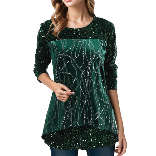 Festliche Oberteile Damen Glitzer - Blusen Langarm Top Pullover Große Größen Zur Hochzeit Silvester Tunika Party Rundhals Langarmshirt Shirt Bluse von Sunnyuk