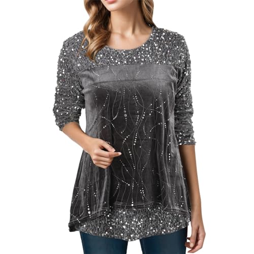 Festliche Oberteile Damen Glitzer - Blusen Oberteil Langarm Glitzer Top Pullover Große Größen Zur Hochzeit Silvester Tunika Oberteile Party Rundhals Langarmshirt Shirt Bluse von Sunnyuk