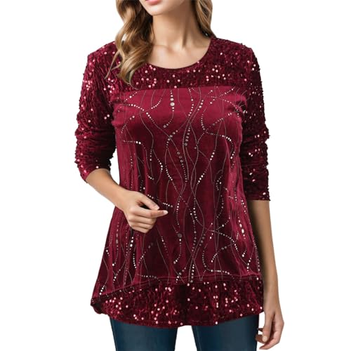 Festliche Oberteile Damen Glitzer - Blusen Oberteil Langarm Glitzer Top Pullover Große Größen Zur Hochzeit Silvester Tunika Oberteile Party Rundhals Langarmshirt Shirt Bluse von Sunnyuk