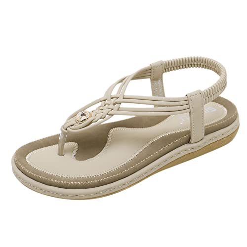 Flache Sandalen Damen Sommer Freizeit T-Riemen Boho Strasssteine Glitzer Strandsandalen Bequeme Zehentrenner mit Weiche Fußbett Elegant Sommerschuhe Mode Strand Offene Zehe Sandaletten Flip Flops von Sunnyuk