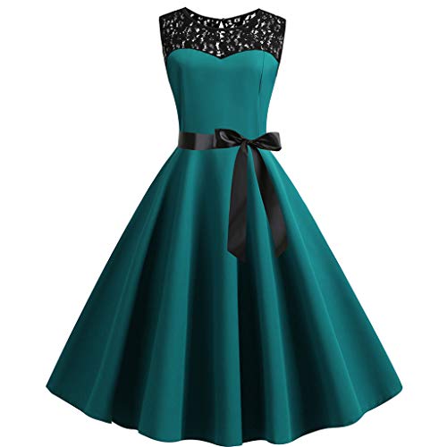 Kleidung Spitze Frauen Ärmellose Party Retro-Vintage-50er Jahre solides Abschlussballon Damenkleid Sommerkleider Damen Knielang von Sunnyuk