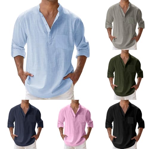 Leinenhemd Herren Langarm Sommer Hemden, Freizeithemd Stehkragenhemd Slim Fit Leichtes Sommerhemd mit Tasche Leinen Shirt Henley Shirt mit Knopfleiste Musselin Hemd Herren für Urlaub Strand Leinenhemd Herren Langarm Sommer Hemden, Freizeithemd Stehkragenhemd Slim Fit Leichtes Sommerhemd mit Tasche Leinen Shirt Henley Shirt mit Knopfleiste Musselin Hemd Herren für Urlaub Strand von Sunnyuk