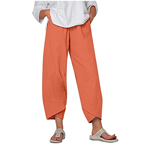 Leinenhose Damen Sommer 7/8 Lang Strandhose GroßE GrößEn-Caprihose Sommer Hoher Bund Leinenhose Elegant Leinenhose Leicht 7/8 Stoffhose Leinen Breites Bein Freizeithose -Sommerhose- Haremshose von Sunnyuk