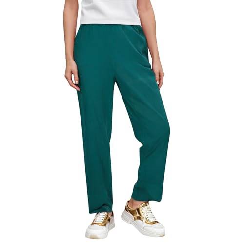 Leinenhose Damen Sommer 7/8 Lang Strandhose GroßE GrößEn-Caprihose Sommer Hoher Bund Leinenhose Elegant Leinenhose Leicht 7/8 Stoffhose Leinen Breites Bein Freizeithose -Sommerhose- Haremshose von Sunnyuk