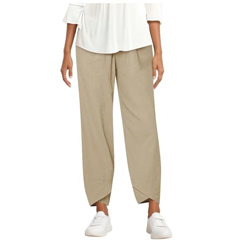 Leinenhose Damen Sommer 7/8 Lang Strandhose GroßE GrößEn-Caprihose Sommer Hoher Bund Leinenhose Elegant Leinenhose Leicht 7/8 Stoffhose Leinen Breites Bein Freizeithose -Sommerhose- Haremshose von Sunnyuk