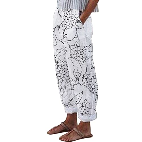 Leinenhose Damen Sommer Lang Leichte Freizeithose Loose Fit Sommer Haremshose Bequem Stoffhose mit Tasche Frauen Lässige Bedruckt Sommerhose Atmungsaktiv Strandhose 7/8 Lang Weites Bein Hosen von Sunnyuk