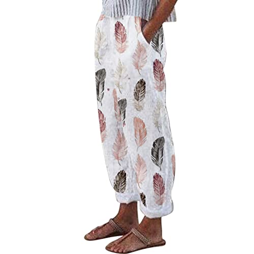 Leinenhose Damen Sommer Lang Leichte Freizeithose Loose Fit Sommer Haremshose Bequem Stoffhose mit Tasche Frauen Lässige Bedruckt Sommerhose Atmungsaktiv Strandhose 7/8 Lang Weites Bein Hosen von Sunnyuk