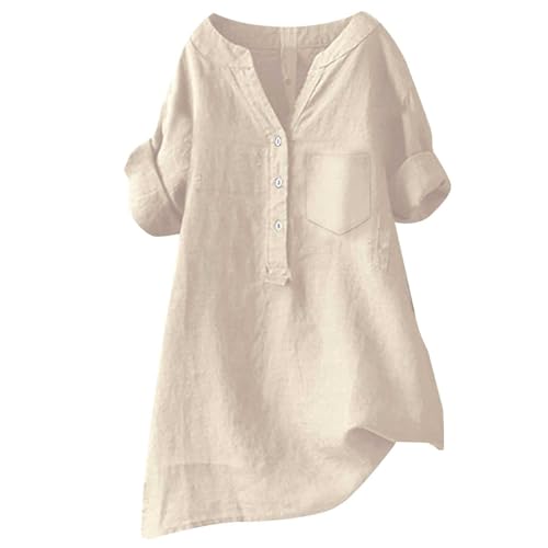 Longbluse Damen, Leinenbluse Damen Sommer Locker Musselin Bluse Leinen Shirt Oversize Leinenhemd Longbluse Blusen Kurzarm Große Größen Oberteile Tunika Elegant Lang Blusenshirt von Sunnyuk
