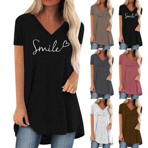 Longshirt Damen Sommer Smile Druck Sommerbluse Oberteile V Ausschnitt Locker T Shirt Bluse Elegant Kurzarm Longtop Tunika Schwarz T-Shirt Tops Modern Sportshirt Longbluse Damen Lässig für Leggings von Sunnyuk