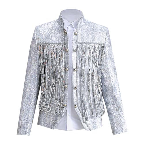 Pailletten Sakko Herren Silber Schwarz Slim Fit Sakko Outfit Disco Glänzende Karneval Kostüm Blazer Männer Rot Große Größen Silber Anzug Jacke Anzugjacke für Hochzeit Party Festlich von Sunnyuk