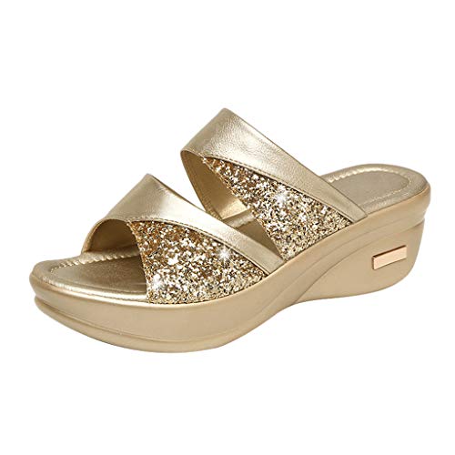 Pantoletten Damen Sommer Keilabsatz Elegante Slipper Damen Peeptoe Bohemian Hausschuhe Damen Plattform Mit Fussbett Römische Mit Absatz Pantoletten Orthopädische Sandalen Slides (Y1-Gold, 36) von Sunnyuk