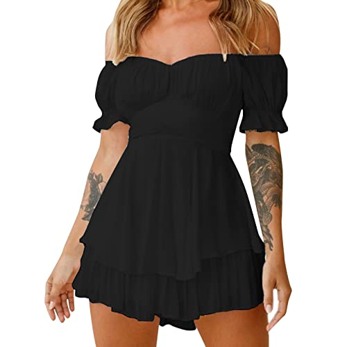 Piratenkleid Damen Jumpsuit, Pirat Kostüm Damen Schulterfrei Renaissance A-Linie-Kleid Karneval Kostüm Einfarbiges Rüschenkleid mit Integrierten Shorts Swing Kleid Party Piraten Kleid von Sunnyuk