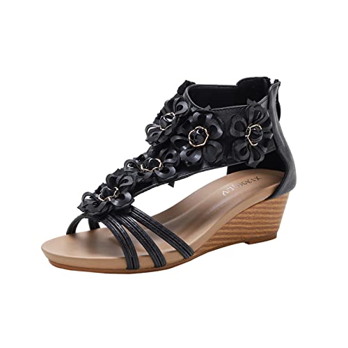 Plateau Sandalen Damen Keilabsatz Schwarz 39 Weite H Rutschfest Römersandalen Sommerschuhe für Party Ohne Absatz Leichte Sexy Sandale Strandsandalen Schuhe Elegant Flach Gladiator Sandaletten von Sunnyuk