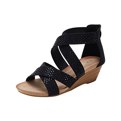 Plateau Sandalen Damen Keilabsatz Schwarz 39 Weite H Rutschfest Römersandalen Sommerschuhe für Party Ohne Absatz Leichte Sexy Sandale Strandsandalen Schuhe Elegant Flach Gladiator Sandaletten von Sunnyuk