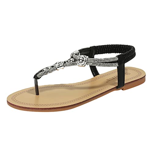 Plateau Sandalen Damen Schwarz Strass Wohnungen Flache Plateau Sandaletten Damen Gold Blockabsatz Stiefeletten Runder Abendschuhe Sandals Riemchen Sommersandalen mit Absatz von Sunnyuk