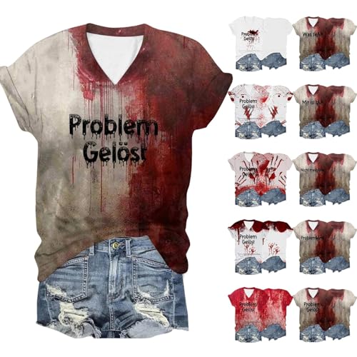 Problem Gelöst Print Halloween T Shirt Blood Kurzarm V-Ausschnitt Halloween Shirt mit Blutigem Bedrucktes Shirts Blut Verletzung Halloween-Kostüm Horror Leicht T-Shirt Casual Tops Oberteil von Sunnyuk