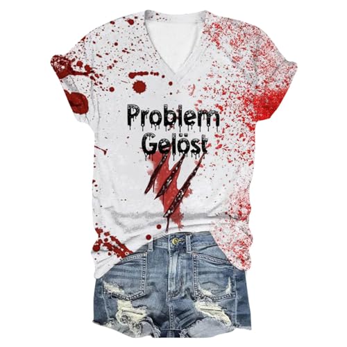 Problem Gelöst Print Halloween T Shirt Blood Kurzarm V-Ausschnitt Halloween Shirt mit Blutigem Bedrucktes Shirts Blut Verletzung Halloween-Kostüm Horror Leicht T-Shirt Casual Tops Oberteil von Sunnyuk