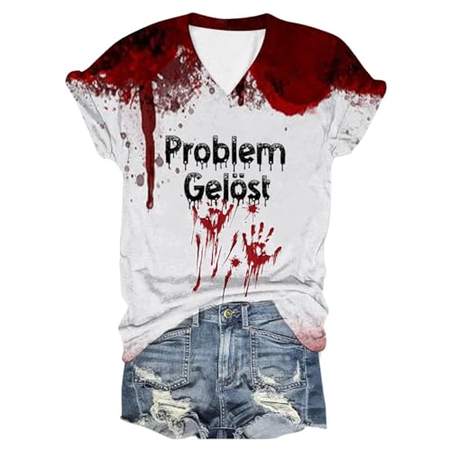 Problem Gelöst Print Halloween T Shirt Blood Kurzarm V-Ausschnitt Halloween Shirt mit Blutigem Bedrucktes Shirts Blut Verletzung Halloween-Kostüm Horror Leicht T-Shirt Casual Tops Oberteil von Sunnyuk