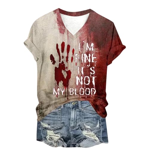 Problem Gelöst Print Halloween T Shirt Blood Kurzarm V-Ausschnitt Halloween Shirt mit Blutigem Bedrucktes Shirts Blut Verletzung Halloween-Kostüm Horror Leicht T-Shirt Casual Tops Oberteil von Sunnyuk