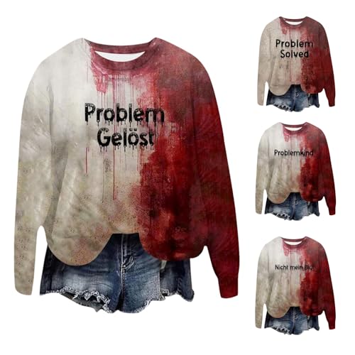 Problem Gelöst Shirt Blood Halloween Pullover Damen - Langarm Rundhals Sweatshirt mit Blutiges Aufdruck Halloween Kostüm Gruselig Herbstwinter Sweatshirtjacke Ohne Kapuze Casual Langarmshirt Tops von Sunnyuk