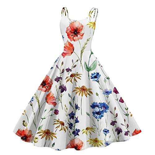 Rockabilly Kleider Damen 50er Jahre Blumendruck Sommer Abendkleid Festlich Swing Spaghettiträger Ballkleid Hohe Taille Elegant Partykleid Retro-Kleidung Vintage Cocktailkleid Petticoat Kleid von Sunnyuk