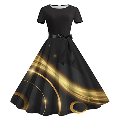 Rockabilly Kleider Damen 50er Jahre Elegant Hohe Taille Kurzarm Ballkleid A-Line Abendkleid Vintage Blumendruck Swing Cocktailkleid Festlich Retro-Kleidung Sommer Petticoat Kleid Partykleid von Sunnyuk