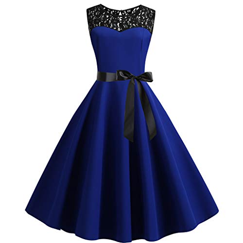Rockabilly Kleider Damen A-Line Retro-Kleidung Vintage Partykleid Swing Festlich Blumendruck Cocktailkleid Elegant 50er Jahre Petticoat Kleid Ballkleid Kurzarm Hohe Taille Sommer (Z01-Blue, XXL) von Sunnyuk