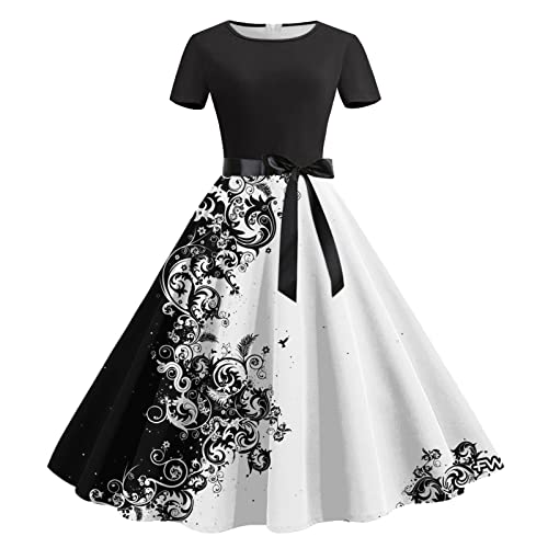 Rockabilly Kleider Damen A-Line Retro-Kleidung Vintage Partykleid Swing Festlich Blumendruck Cocktailkleid Elegant 50er Jahre Petticoat Kleid Ballkleid Kurzarm Hohe Taille Sommer Abendkleid von Sunnyuk