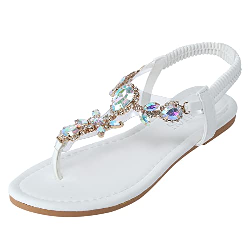 Römer Sandalen Damen Sommer Damenmode Sommer Strass Gummiband flache Flip Flops äußere Strand Sandalen Schuhe Schwarz Damen Stiefeletten von Sunnyuk