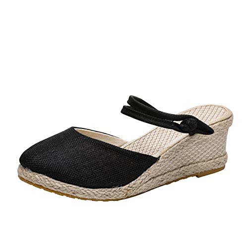 Römer Sandalen Damen Sommer Frauen Schnalle Leinen Sandalen Plattform Keilsandalen Mode Vielseitige geflochtene Schnalle Atmungsaktive Keilsandalen Fußball Schuhe Damen von Sunnyuk