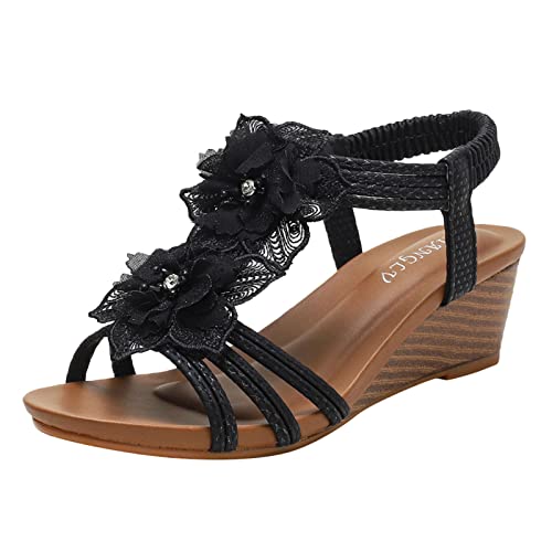 Sandalen Damen Elegant Glitzer Damen Sandalen mit Keilabsatz, elastischer Knöchelriemen, lässig, böhmische Sandalen, Strandschuhe, Blumenmuster, Perlen, Boho-Keilschuhe Coole Schuhe Damen Jugendlich von Sunnyuk