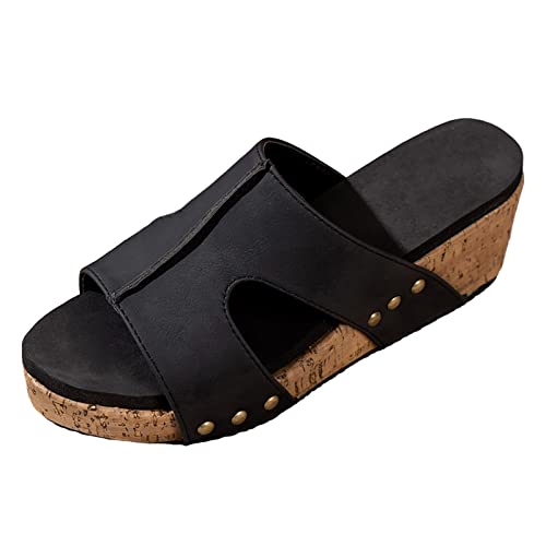 Sandalen Damen Elegant Pantoletten Sommer Keilabsatz Slipper Peeptoe Bohemian Hausschuhe Damen Plattform mit Fussbett Römische mit Absatz Pantoletten Orthopädische Sandalen Slides (Z1-Black, 38) von Sunnyuk