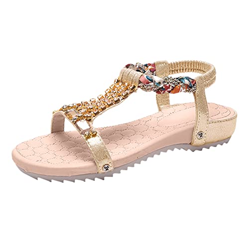 Sandalen Damen Elegant mit Absatz Frauen Glitter Strass Dekor Knöchelriemen Sandalen elastische lässige böhmische Sandalen Strass Dekor Tanga Strandschuhe Damenschuhe Elegant von Sunnyuk