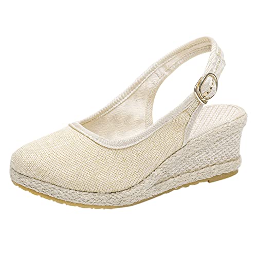 Sandalen Damen Espadrilles mit Keilabsatz Plateau Sommer Runde Keile Frauen Atmungsaktive Weave Schuhe Riemen Sandalen Bequeme Strandkappe Mode Schnalle Damen Espadrilles mit Plateau Bast Profilsohle von Sunnyuk