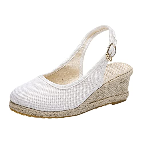 Sandalen Damen Espadrilles mit Keilabsatz Plateau Sommer Runde Keile Frauen Atmungsaktive Weave Schuhe Riemen Sandalen Bequeme Strandkappe Mode Schnalle Damen Espadrilles mit Plateau Bast Profilsohle von Sunnyuk