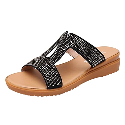 Sandalen Damen Flache Schuhe Damen Sandalen Komfort mit elastischem Knöchelriemen Lässige böhmische Strandschuhe zum Hineinschlüpfen Strass Sandalen Damen Wohnungen Flache Elegante Schuhe Damen von Sunnyuk