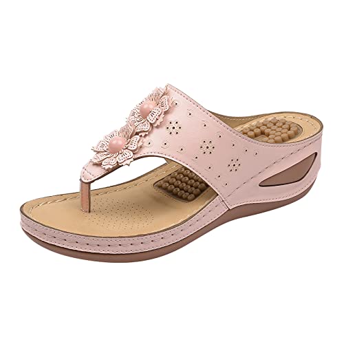 Sandalen Damen Mit Absatz Beige Damen Sandalen Bequeme Flip Flops für Frauen mit Fußgewölbestütze Sommer Lässige Keilsandalen Schuhe Massagefunktion Fersensporn Schuhe Damen von Sunnyuk