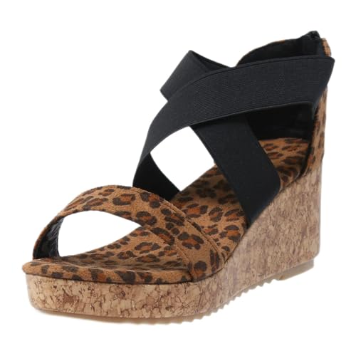 Sandalen Damen Schwarz Damenmode Sommer Leopardenmuster Flock Open Toe Cross Elastische Keilsandalen Klein Schuhe Damen von Sunnyuk