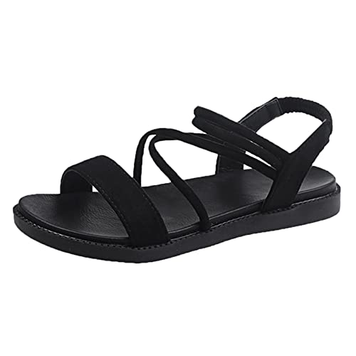 Sandalen Damen Schwarz Flach Sandalen für Frauen Lässige böhmische Sandalen Strandschuhe Wohnungen Criss Cross Slingback Sandalen Damenschuhe Leder von Sunnyuk