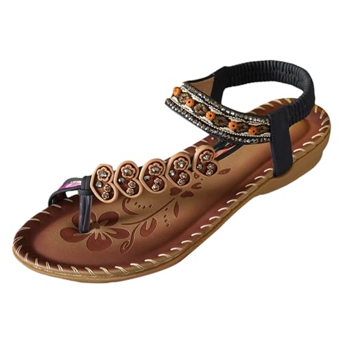 Sandalen Damen Sommer, Zehentrenner Sandalen Flach Boho Sandaletten Flip Flops Bequem Römer Sommerschuhe Elegant Strand Riemchensandalen Slingback mit Blumen Orthopädische Breite Füße Pantoletten von Sunnyuk