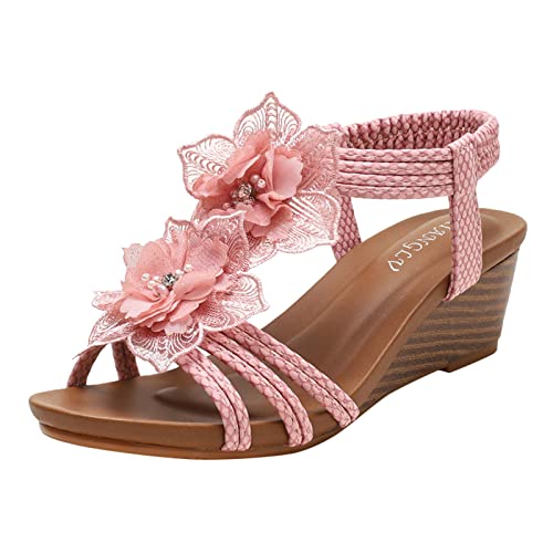 Sandalen Damen Sommer Damen Sandalen mit Keilabsatz, elastischer Knöchelriemen, lässig, böhmische Sandalen, Strandschuhe, Blumenmuster, Perlen, Boho-Keilschuhe Schuhe Damen 40 Schwarz von Sunnyuk