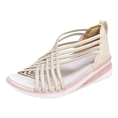 Sandalen Damen Sommer Leder Hausschuhe Frauen Pink Übergroße Damen-Sandalen mit Keilabsatz, atmungsaktiv, für Erwachsene, gewebte Fischmaul-Schuhe, römische Sandalen Rolling Soft Sensitiv Damenschuhe von Sunnyuk