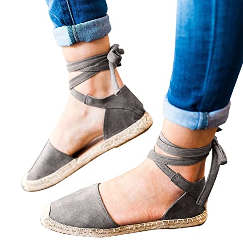 Sandalen Damen Sommer Leder Keilsandalen Absatz Espandrillos Frauen Schuhe Sommermode Freizeitschuhe flache Schnürung Freizeit römische Sandalen Damen Slippers Espadrilles mit Plateau Spitze Bast von Sunnyuk