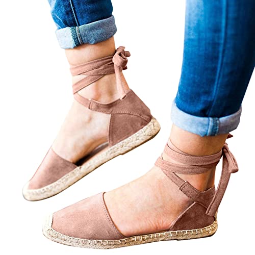 Sandalen Damen Sommer Leder Keilsandalen Absatz Espandrillos Frauen Schuhe Sommermode Freizeitschuhe flache Schnürung Freizeit römische Sandalen Damen Slippers Espadrilles mit Plateau Spitze Bast von Sunnyuk