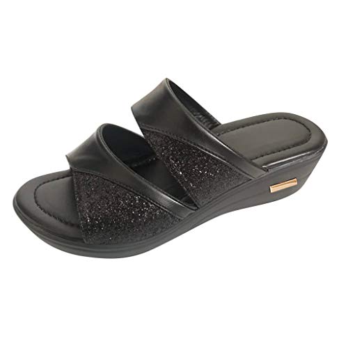 Sandalen Damen Sommer Leder Strass Weiß Hausschuhe Frauen Sandaletten Weiß mit Absatz Glitzer Plateau Sandals Freizeitsandale Riemchenpumps Einfarbig Sommerstiefel Ballerinas von Sunnyuk