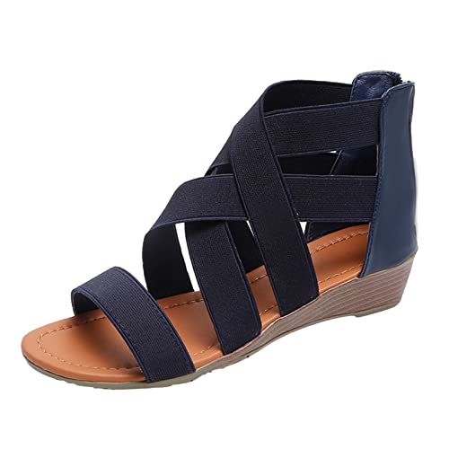 Sandalen Damen Sommer Schwarz Frauen Sandalen Mundkeil Low Heel Roman Wedge Damen Mode Gummiband Fischmund Atmungsaktive Schuhe Dicke Sohlen Keile Lässige Sandalen Orthopädische Schuhe Damen Winter von Sunnyuk